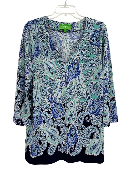Pappagallo Tops - Pappagallo Tunic Top Paisley Print Navy Green Split Neck 3/4 Sleeves Size Large